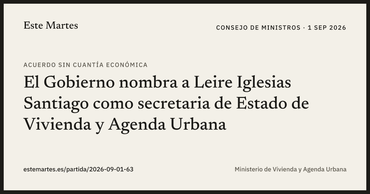 Tarjeta: El Gobierno nombra a Leire Iglesias Santiago como secretaria de Estado de Vivienda y Agenda Urbana