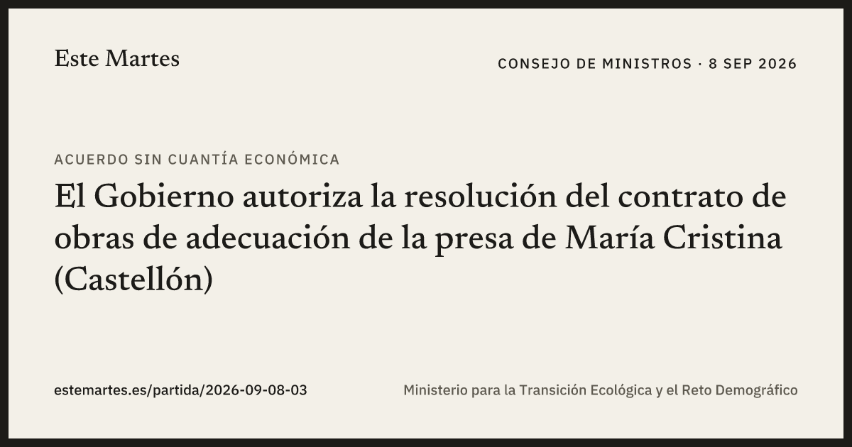 Tarjeta: El Gobierno autoriza la resolución del contrato de obras de adecuación de la presa de María Cristina (Castellón)