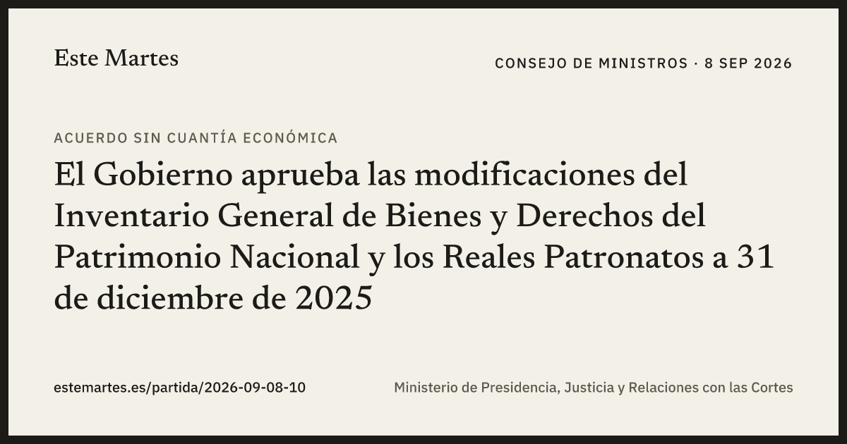 Tarjeta: El Gobierno aprueba las modificaciones del Inventario General de Bienes y Derechos del Patrimonio Nacional y los Reales Patronatos a 31 de diciembre de 2025