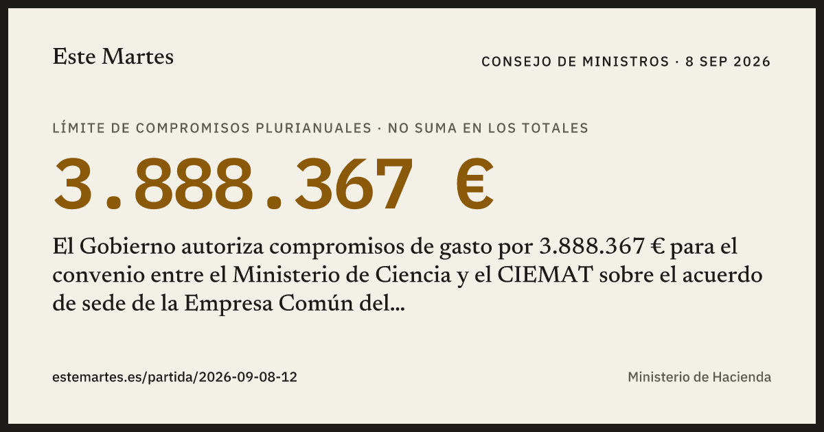 Tarjeta: El Gobierno autoriza compromisos de gasto por 3.888.367 € para el convenio entre el Ministerio de Ciencia y el CIEMAT sobre el acuerdo de sede de la Empresa Común del ITER