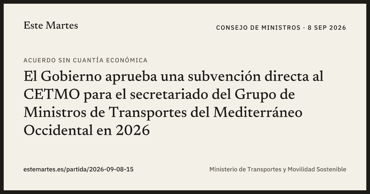 Tarjeta: El Gobierno aprueba una subvención directa al CETMO para el secretariado del Grupo de Ministros de Transportes del Mediterráneo Occidental en 2026