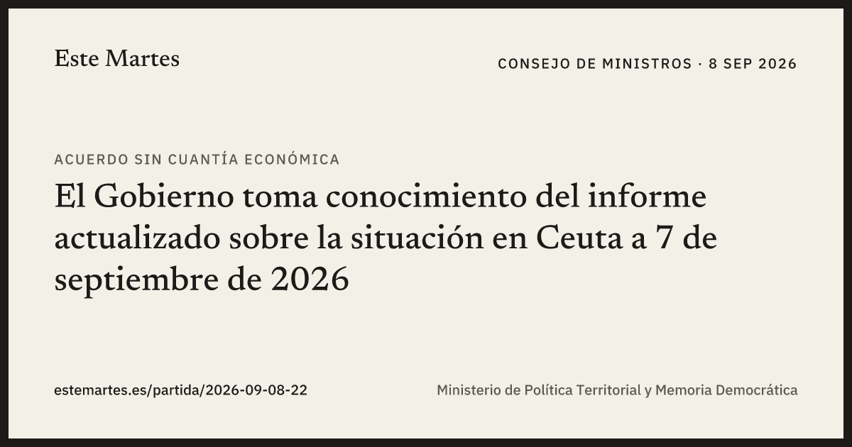 Tarjeta: El Gobierno toma conocimiento del informe actualizado sobre la situación en Ceuta a 7 de septiembre de 2026