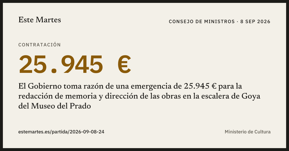 Tarjeta: El Gobierno toma razón de una emergencia de 25.945 € para la redacción de memoria y dirección de las obras en la escalera de Goya del Museo del Prado