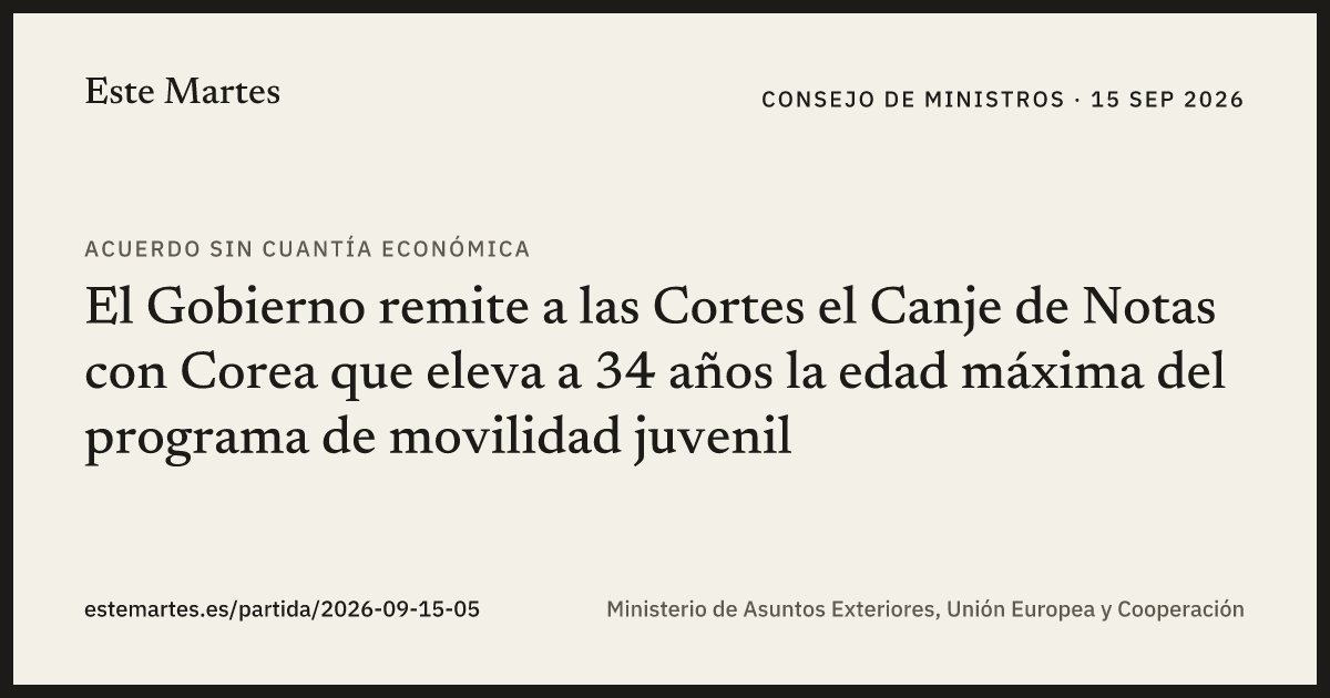 Tarjeta: El Gobierno remite a las Cortes el Canje de Notas con Corea que eleva a 34 años la edad máxima del programa de movilidad juvenil