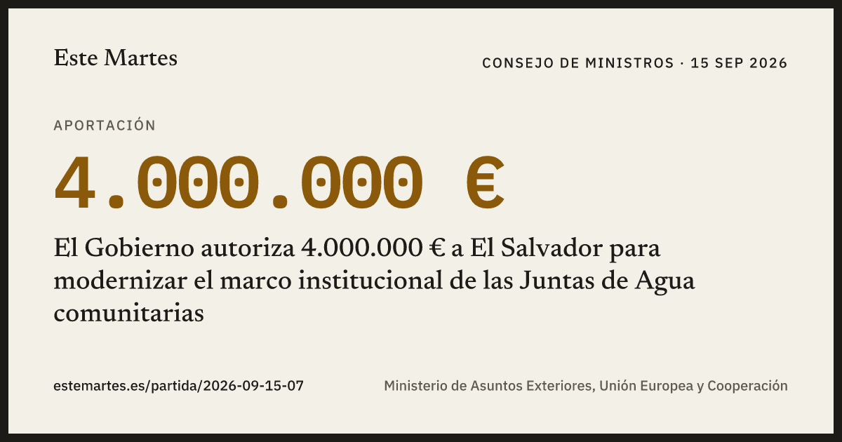 Tarjeta: El Gobierno autoriza 4.000.000 € a El Salvador para modernizar el marco institucional de las Juntas de Agua comunitarias