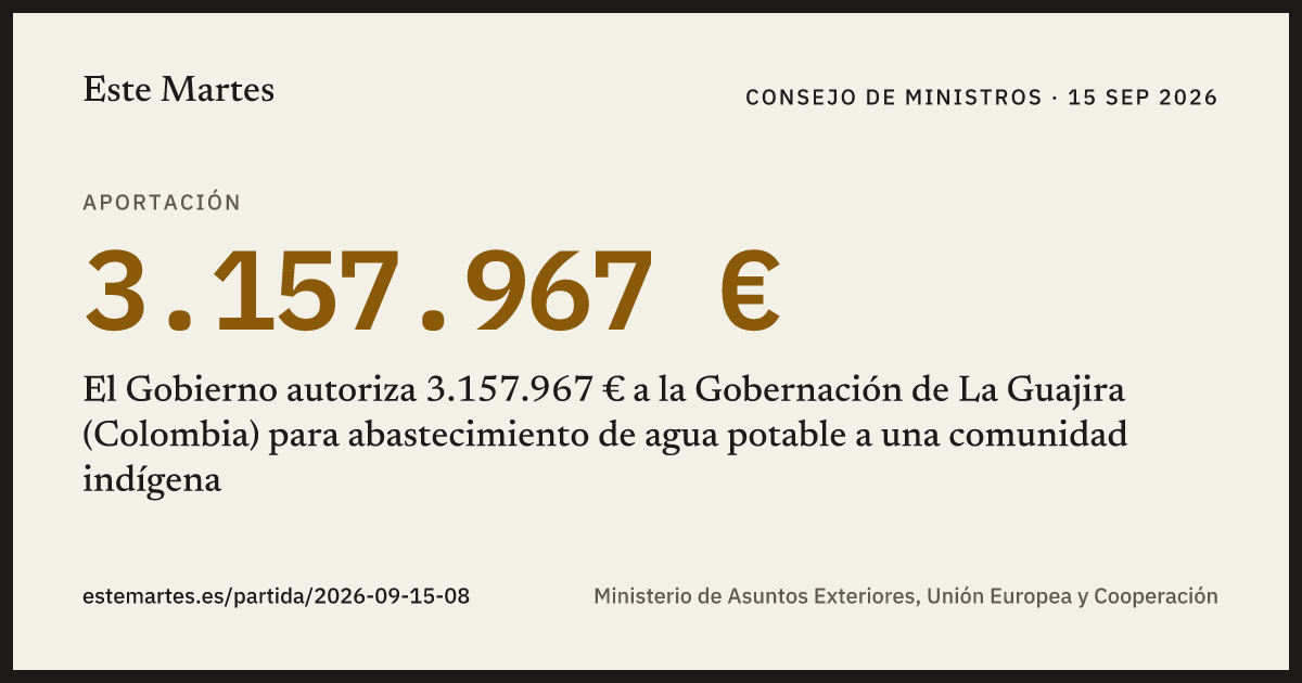 Tarjeta: El Gobierno autoriza 3.157.967 € a la Gobernación de La Guajira (Colombia) para abastecimiento de agua potable a una comunidad indígena