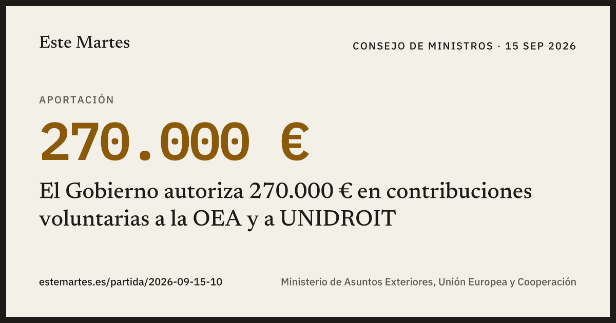 Tarjeta: El Gobierno autoriza 270.000 € en contribuciones voluntarias a la OEA y a UNIDROIT