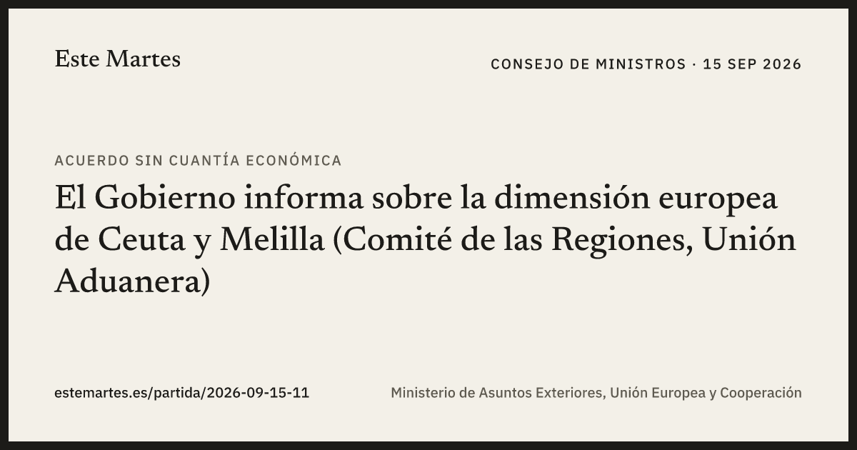 Tarjeta: El Gobierno informa sobre la dimensión europea de Ceuta y Melilla (Comité de las Regiones, Unión Aduanera)