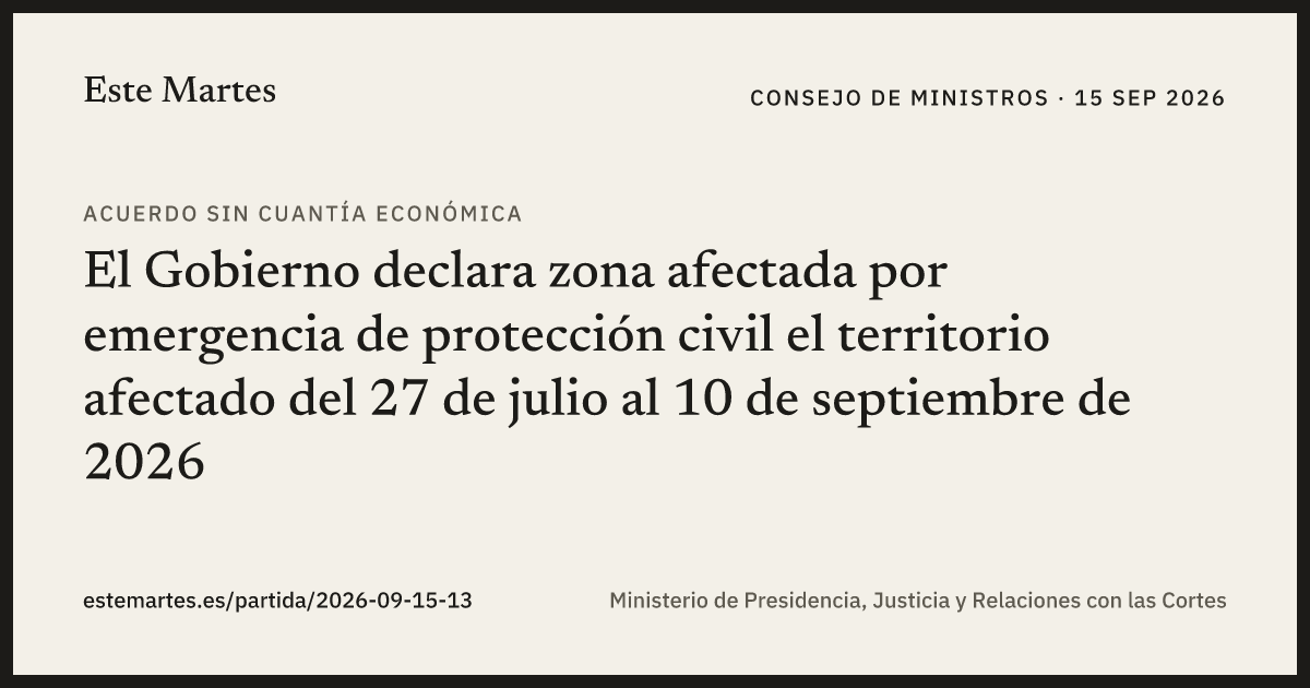 Tarjeta: El Gobierno declara zona afectada por emergencia de protección civil el territorio afectado del 27 de julio al 10 de septiembre de 2026