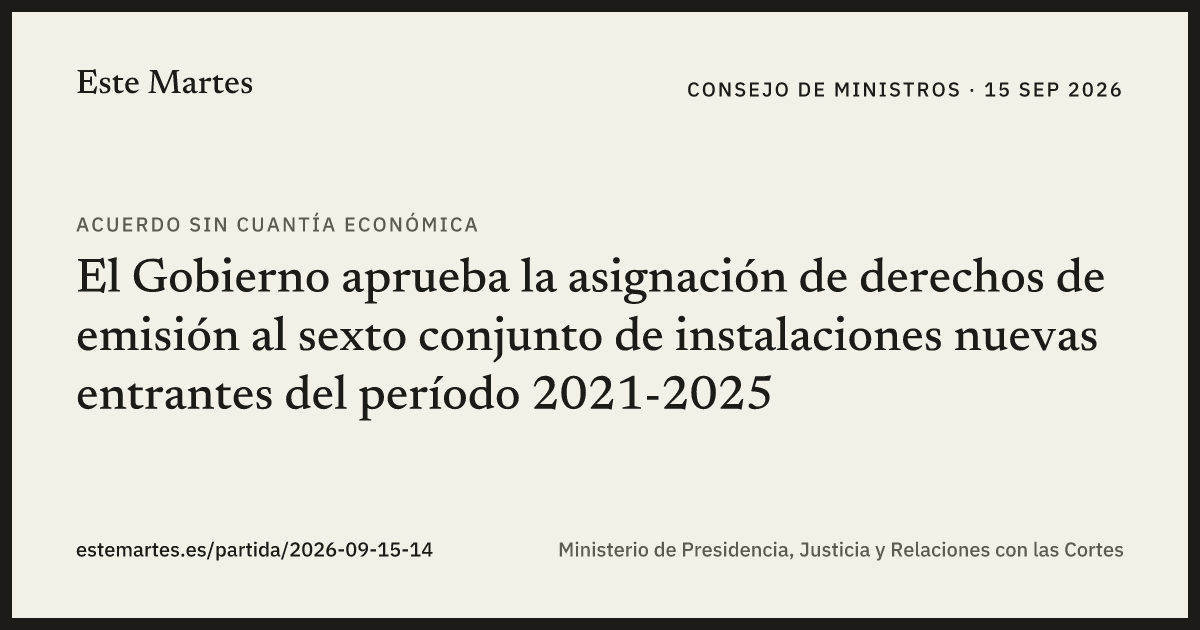 Tarjeta: El Gobierno aprueba la asignación de derechos de emisión al sexto conjunto de instalaciones nuevas entrantes del período 2021-2025