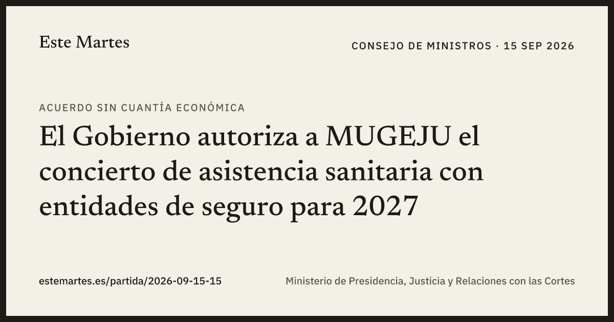 Tarjeta: El Gobierno autoriza a MUGEJU el concierto de asistencia sanitaria con entidades de seguro para 2027