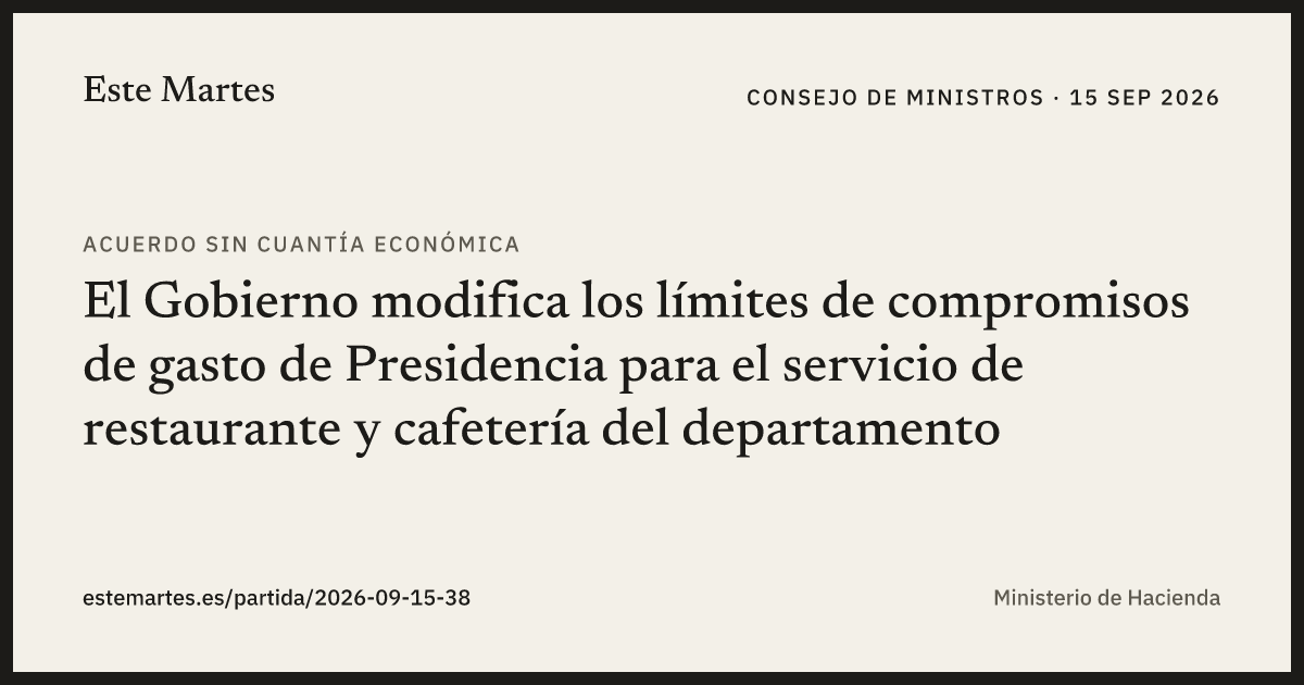 Tarjeta: El Gobierno modifica los límites de compromisos de gasto de Presidencia para el servicio de restaurante y cafetería del departamento
