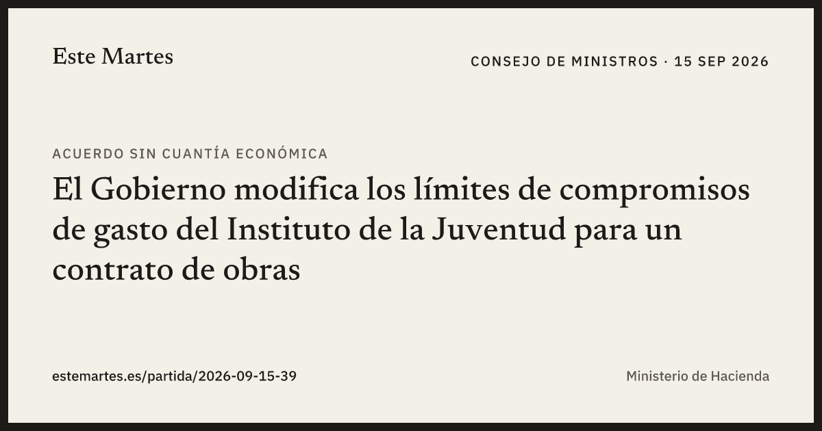 Tarjeta: El Gobierno modifica los límites de compromisos de gasto del Instituto de la Juventud para un contrato de obras