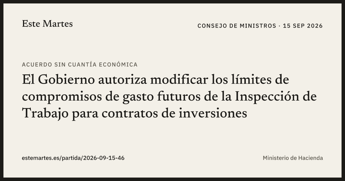 Tarjeta: El Gobierno autoriza modificar los límites de compromisos de gasto futuros de la Inspección de Trabajo para contratos de inversiones