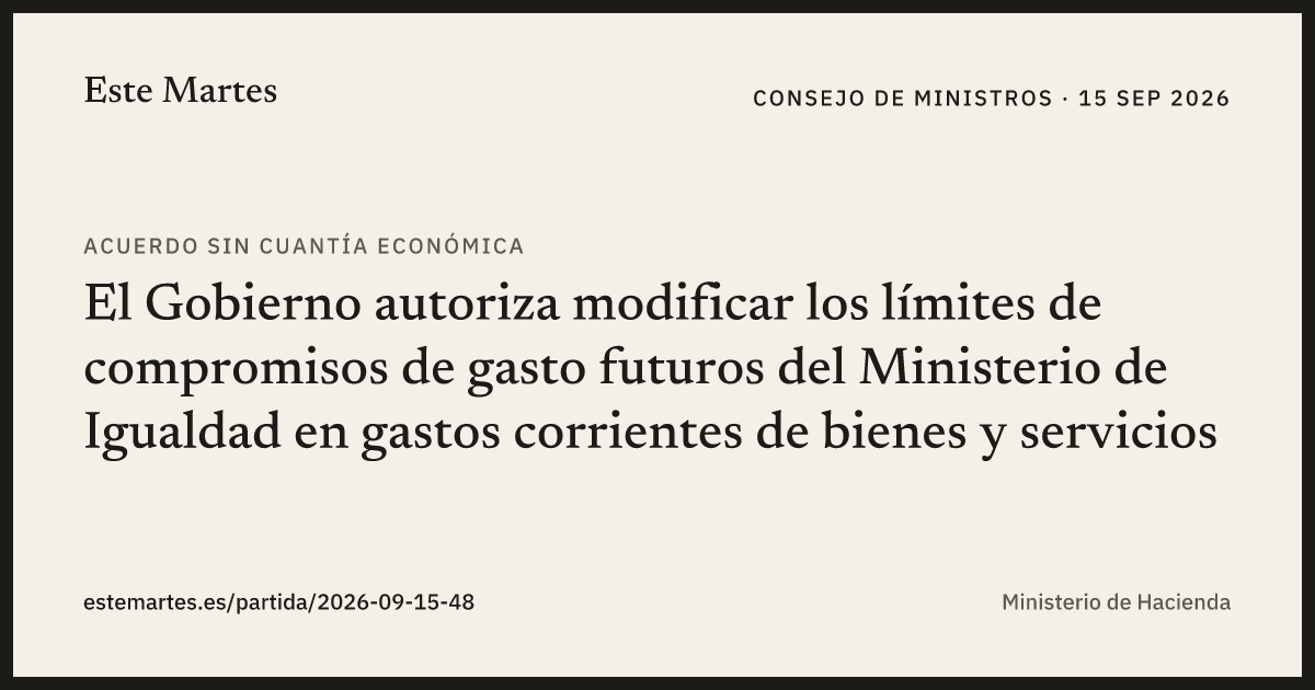 Tarjeta: El Gobierno autoriza modificar los límites de compromisos de gasto futuros del Ministerio de Igualdad en gastos corrientes de bienes y servicios
