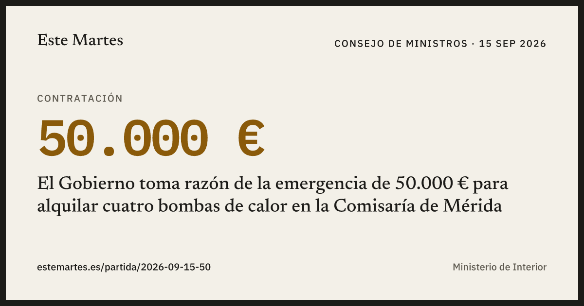 Tarjeta: El Gobierno toma razón de la emergencia de 50.000 € para alquilar cuatro bombas de calor en la Comisaría de Mérida