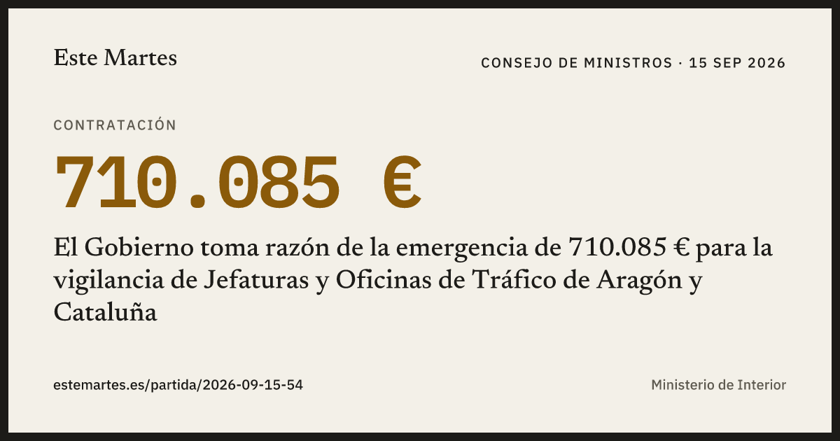 Tarjeta: El Gobierno toma razón de la emergencia de 710.085 € para la vigilancia de Jefaturas y Oficinas de Tráfico de Aragón y Cataluña