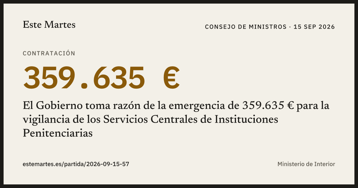 Tarjeta: El Gobierno toma razón de la emergencia de 359.635 € para la vigilancia de los Servicios Centrales de Instituciones Penitenciarias