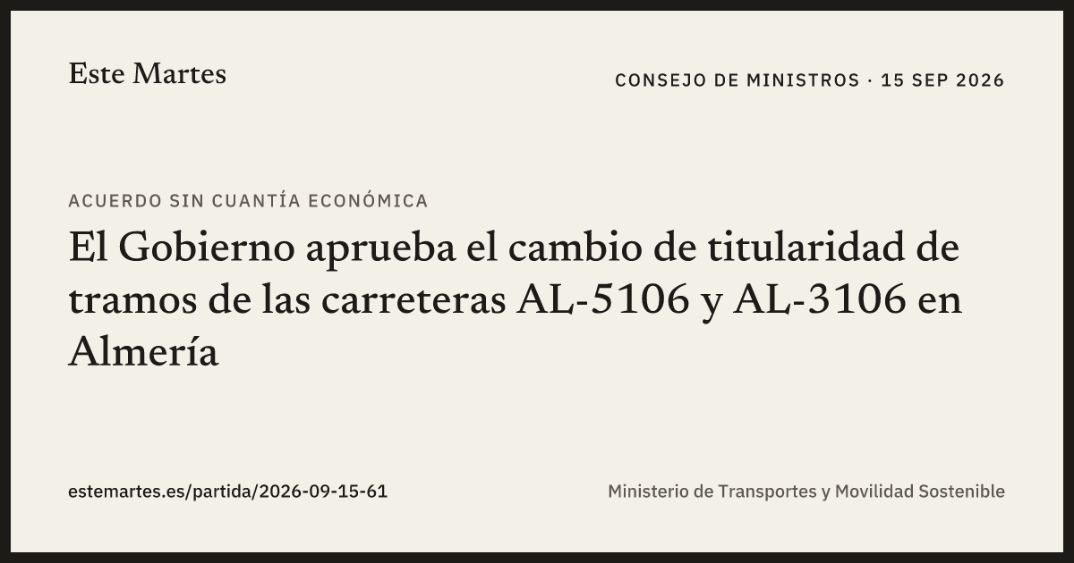 Tarjeta: El Gobierno aprueba el cambio de titularidad de tramos de las carreteras AL-5106 y AL-3106 en Almería