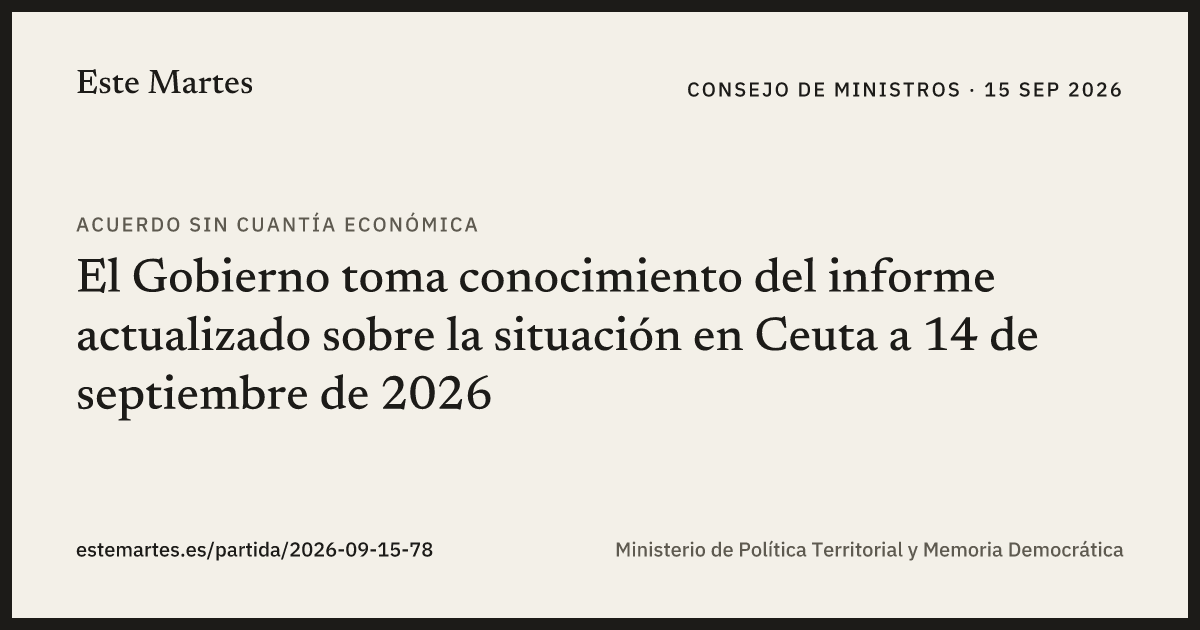 Tarjeta: El Gobierno toma conocimiento del informe actualizado sobre la situación en Ceuta a 14 de septiembre de 2026