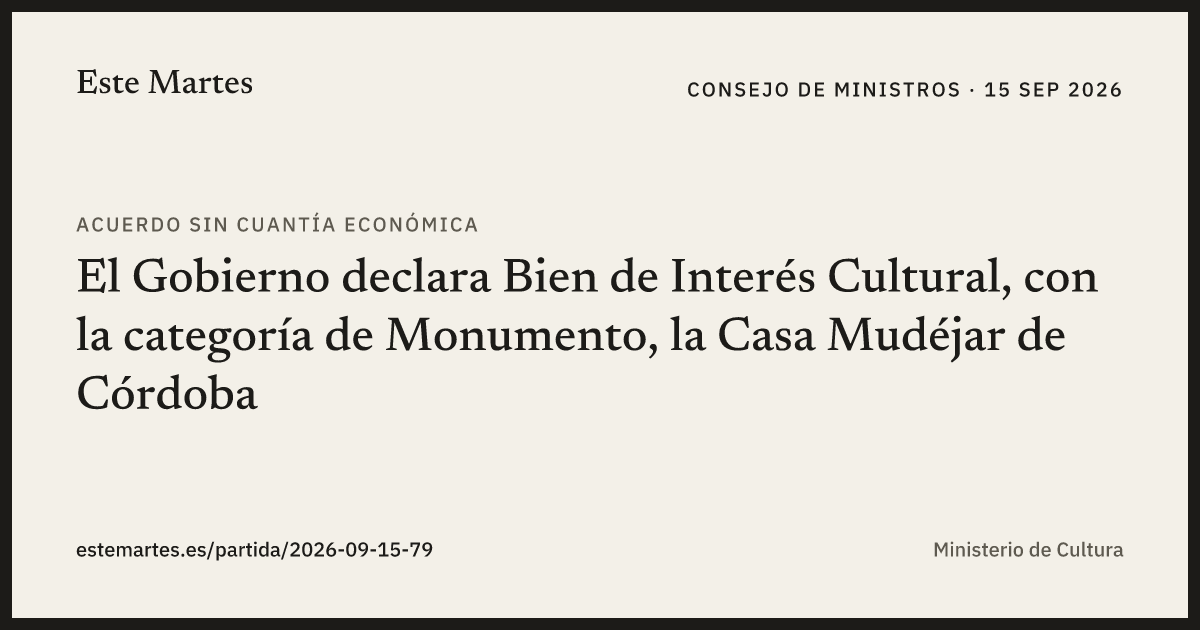Tarjeta: El Gobierno declara Bien de Interés Cultural, con la categoría de Monumento, la Casa Mudéjar de Córdoba