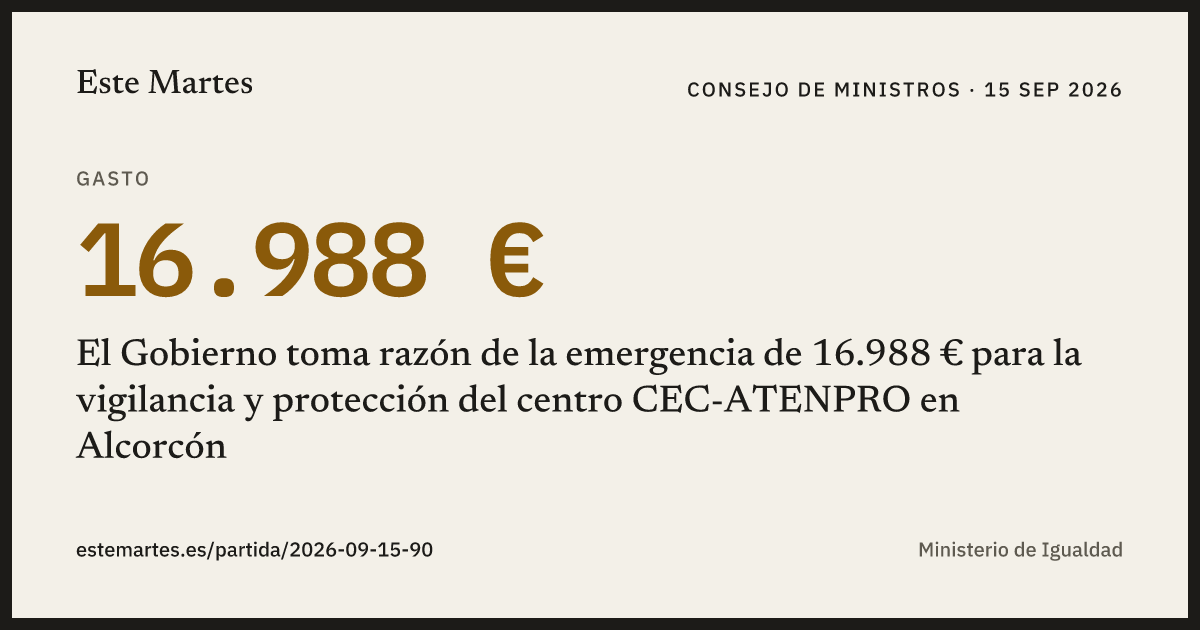 Tarjeta: El Gobierno toma razón de la emergencia de 16.988 € para la vigilancia y protección del centro CEC-ATENPRO en Alcorcón