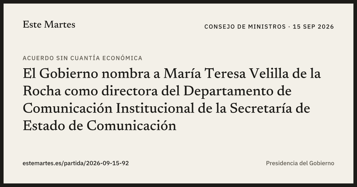 Tarjeta: El Gobierno nombra a María Teresa Velilla de la Rocha como directora del Departamento de Comunicación Institucional de la Secretaría de Estado de Comunicación