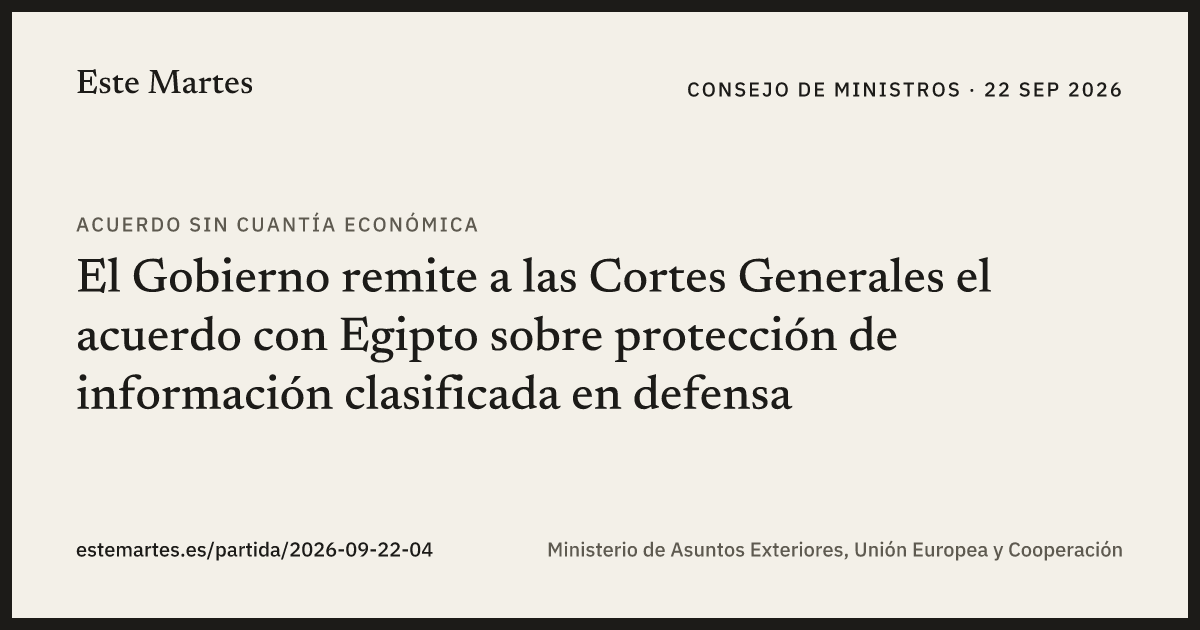 Tarjeta: El Gobierno remite a las Cortes Generales el acuerdo con Egipto sobre protección de información clasificada en defensa
