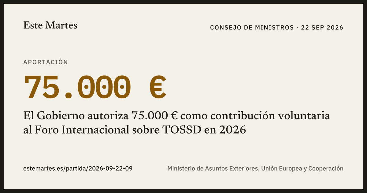 Tarjeta: El Gobierno autoriza 75.000 € como contribución voluntaria al Foro Internacional sobre TOSSD en 2026