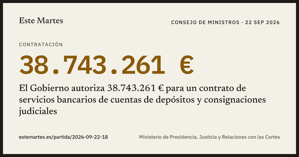 Tarjeta: El Gobierno autoriza 38.743.261 € para un contrato de servicios bancarios de cuentas de depósitos y consignaciones judiciales