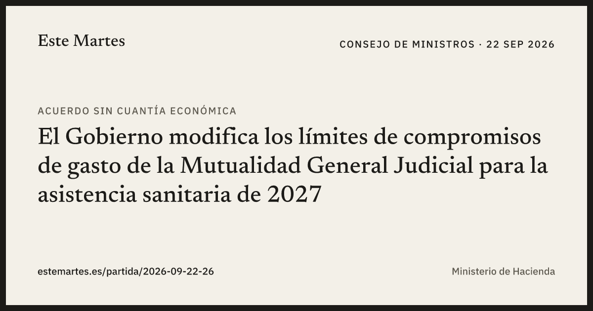 Tarjeta: El Gobierno modifica los límites de compromisos de gasto de la Mutualidad General Judicial para la asistencia sanitaria de 2027
