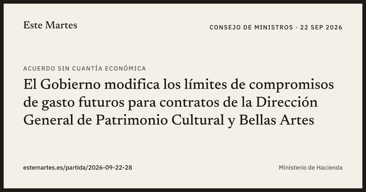 Tarjeta: El Gobierno modifica los límites de compromisos de gasto futuros para contratos de la Dirección General de Patrimonio Cultural y Bellas Artes