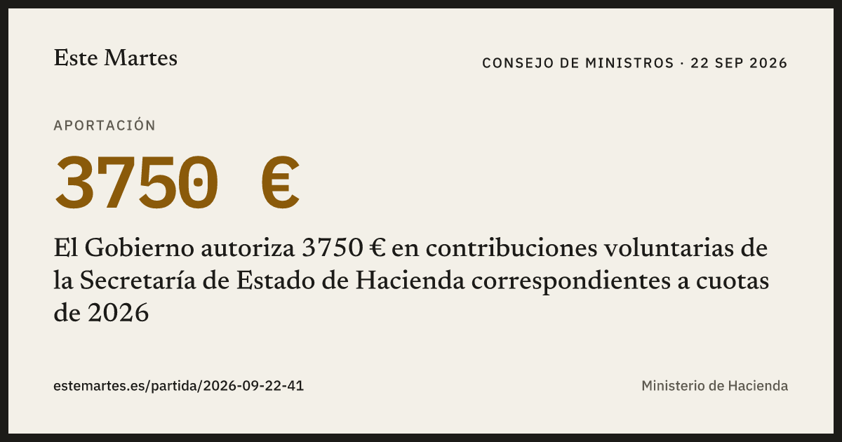 Tarjeta: El Gobierno autoriza 3750 € en contribuciones voluntarias de la Secretaría de Estado de Hacienda correspondientes a cuotas de 2026