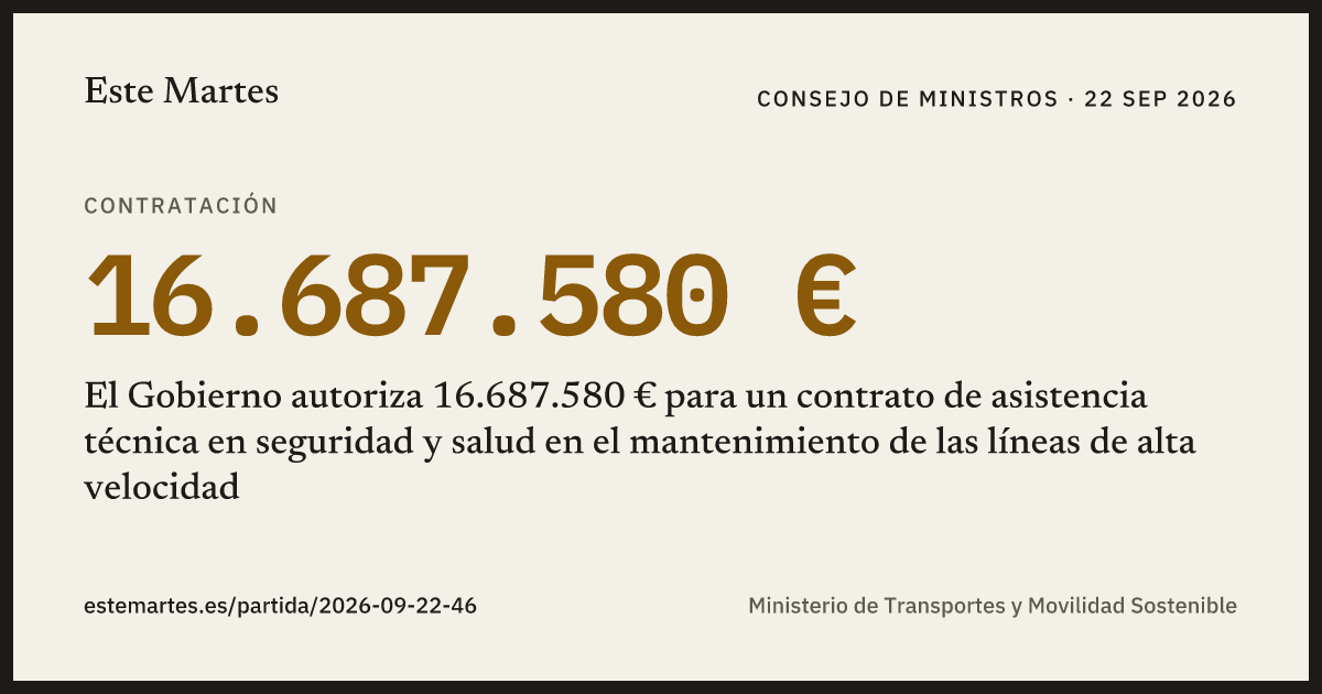 Tarjeta: El Gobierno autoriza 16.687.580 € para un contrato de asistencia técnica en seguridad y salud en el mantenimiento de las líneas de alta velocidad