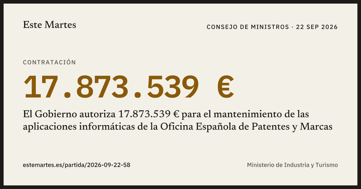 Tarjeta: El Gobierno autoriza 17.873.539 € para el mantenimiento de las aplicaciones informáticas de la Oficina Española de Patentes y Marcas