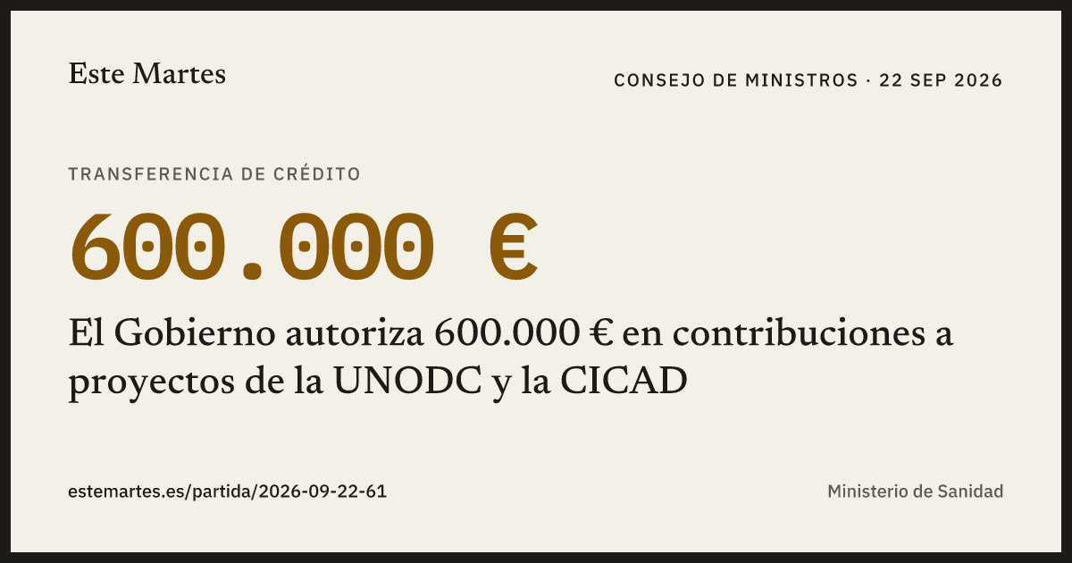 Tarjeta: El Gobierno autoriza 600.000 € en contribuciones a proyectos de la UNODC y la CICAD
