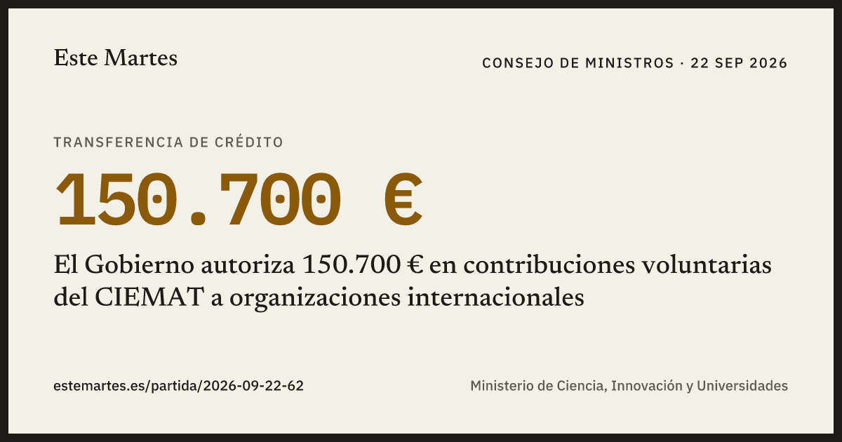 Tarjeta: El Gobierno autoriza 150.700 € en contribuciones voluntarias del CIEMAT a organizaciones internacionales