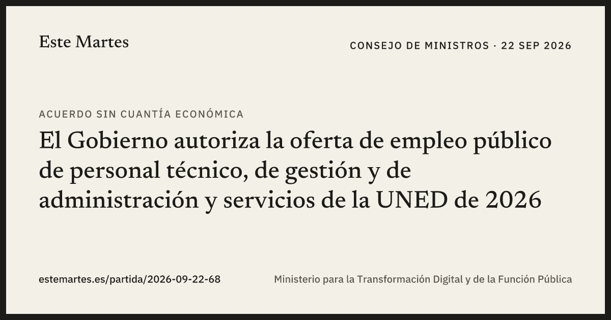 Tarjeta: El Gobierno autoriza la oferta de empleo público de personal técnico, de gestión y de administración y servicios de la UNED de 2026