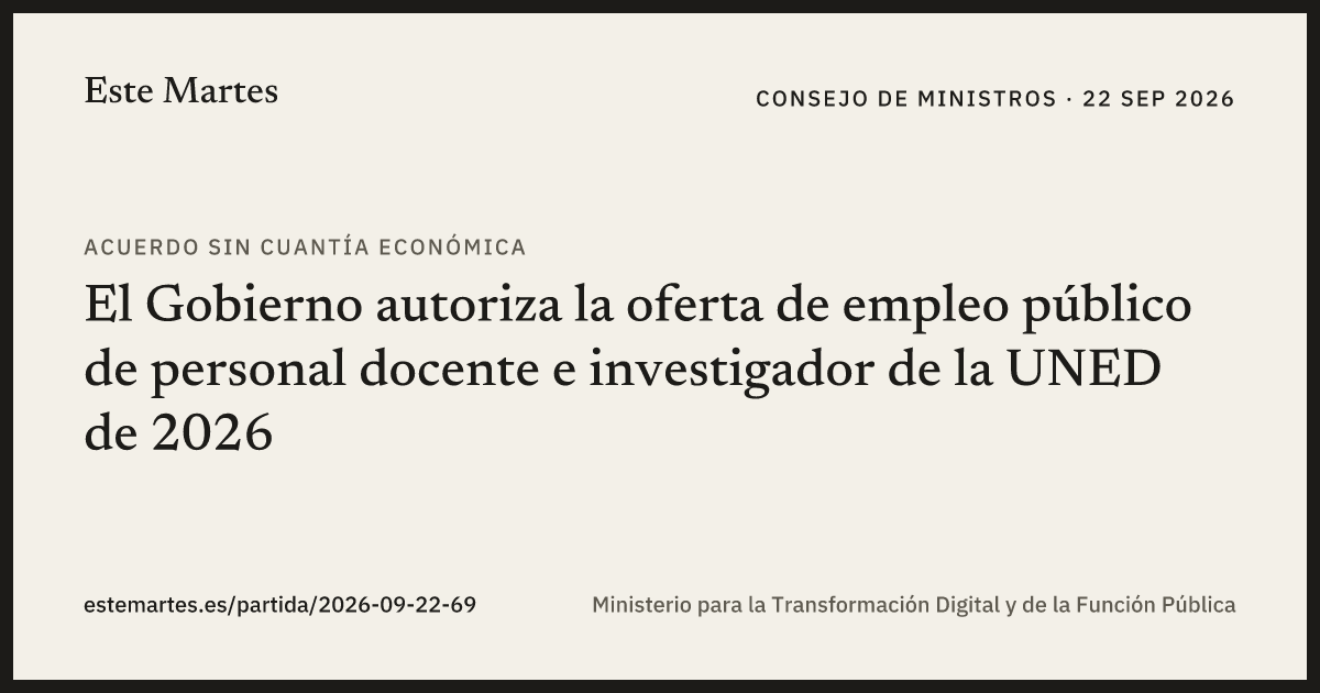 Tarjeta: El Gobierno autoriza la oferta de empleo público de personal docente e investigador de la UNED de 2026