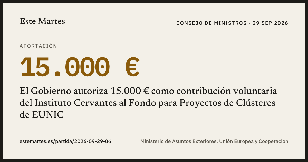 Tarjeta: El Gobierno autoriza 15.000 € como contribución voluntaria del Instituto Cervantes al Fondo para Proyectos de Clústeres de EUNIC
