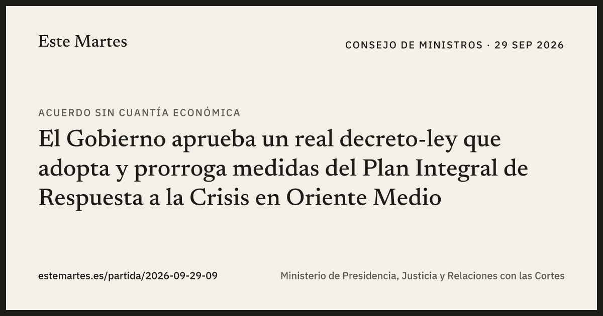 Tarjeta: El Gobierno aprueba un real decreto-ley que adopta y prorroga medidas del Plan Integral de Respuesta a la Crisis en Oriente Medio