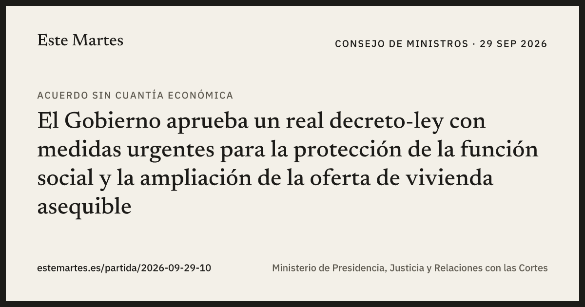 Tarjeta: El Gobierno aprueba un real decreto-ley con medidas urgentes para la protección de la función social y la ampliación de la oferta de vivienda asequible