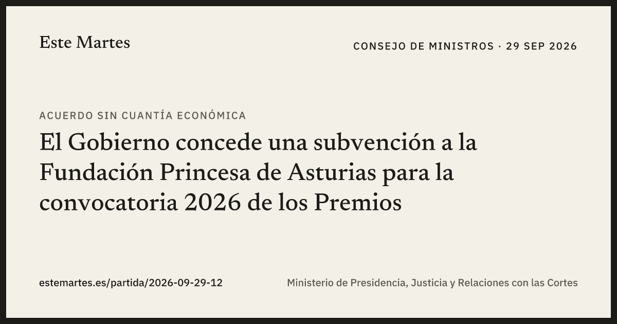Tarjeta: El Gobierno concede una subvención a la Fundación Princesa de Asturias para la convocatoria 2026 de los Premios