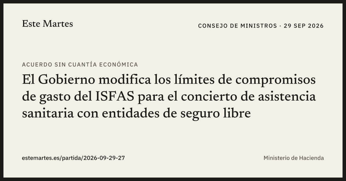 Tarjeta: El Gobierno modifica los límites de compromisos de gasto del ISFAS para el concierto de asistencia sanitaria con entidades de seguro libre