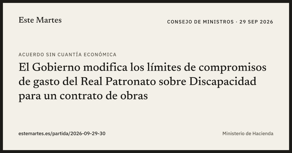 Tarjeta: El Gobierno modifica los límites de compromisos de gasto del Real Patronato sobre Discapacidad para un contrato de obras