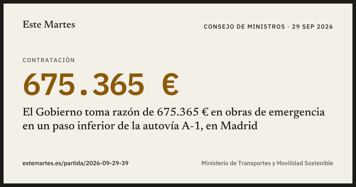 Tarjeta: El Gobierno toma razón de 675.365 € en obras de emergencia en un paso inferior de la autovía A-1, en Madrid