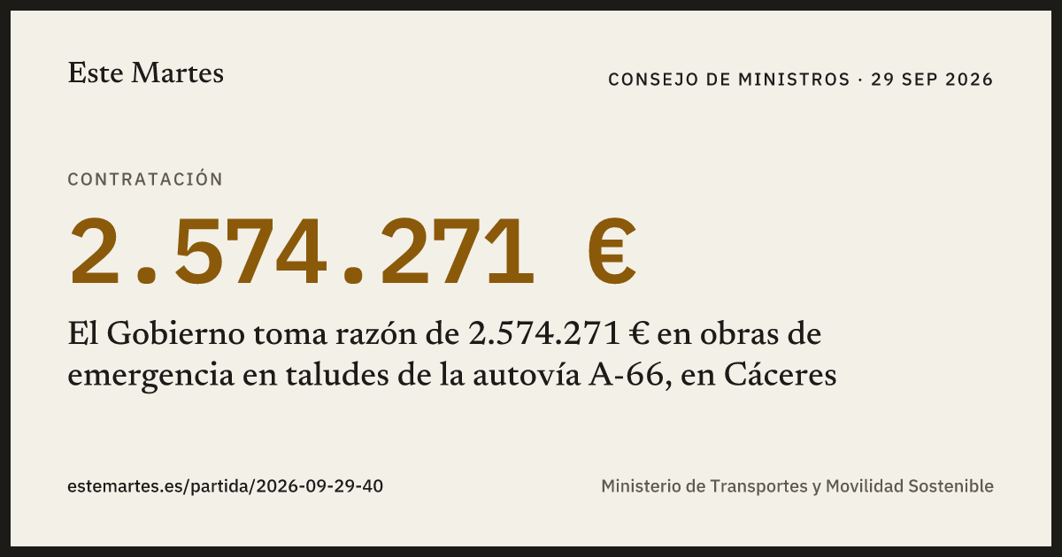 Tarjeta: El Gobierno toma razón de 2.574.271 € en obras de emergencia en taludes de la autovía A-66, en Cáceres