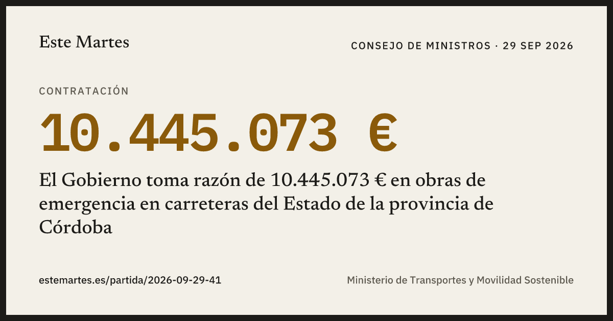 Tarjeta: El Gobierno toma razón de 10.445.073 € en obras de emergencia en carreteras del Estado de la provincia de Córdoba