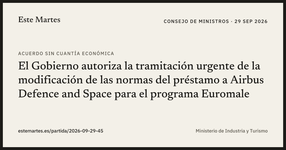 Tarjeta: El Gobierno autoriza la tramitación urgente de la modificación de las normas del préstamo a Airbus Defence and Space para el programa Euromale