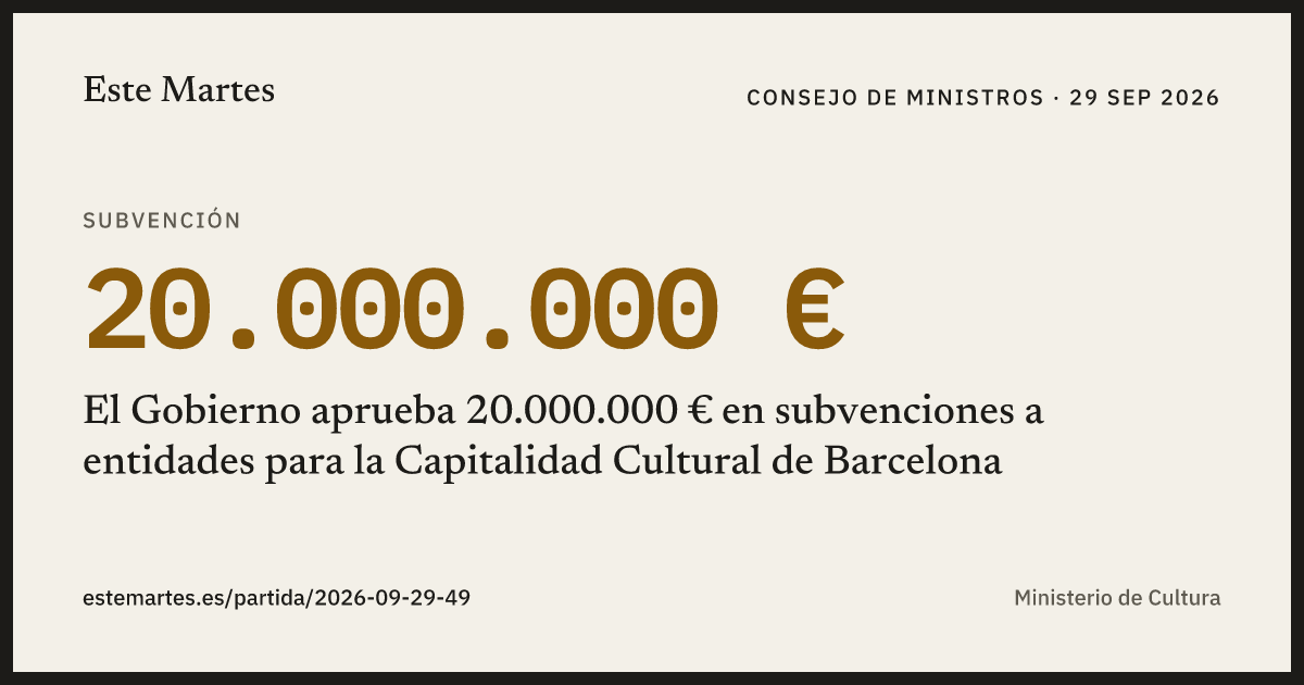 Tarjeta: El Gobierno aprueba 20.000.000 € en subvenciones a entidades para la Capitalidad Cultural de Barcelona